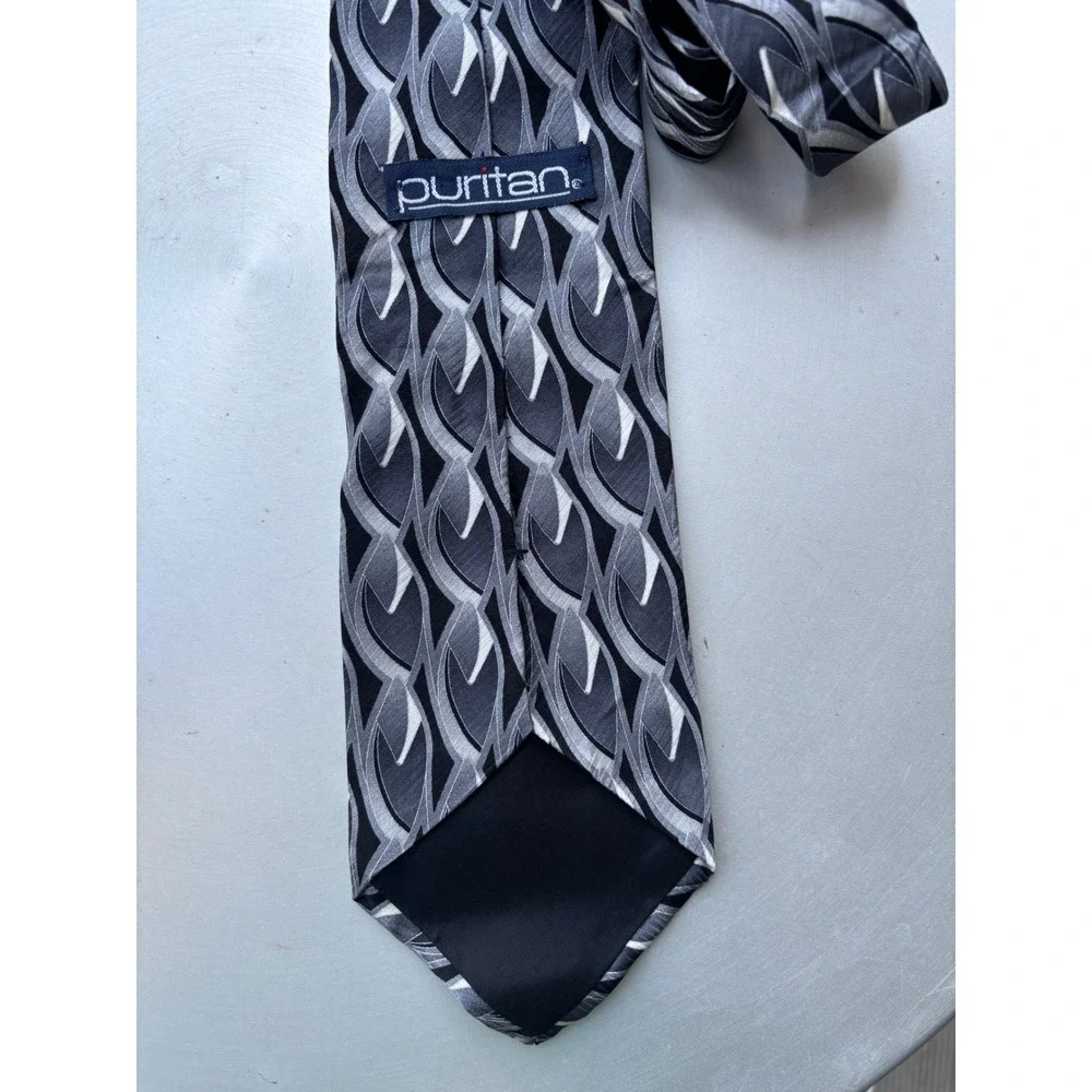 Puritan Mens Silk Necktie Black Grey Silver Geometric Abstract Pattern USA Made